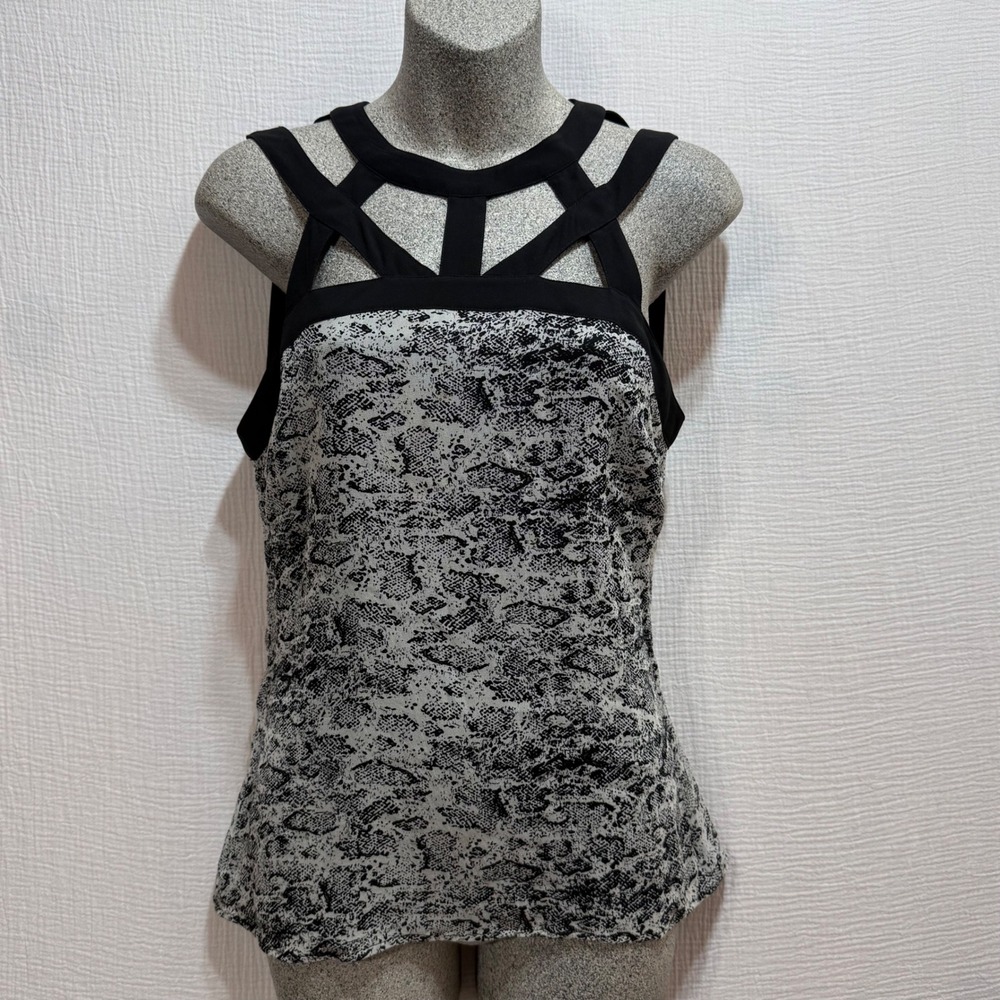 Cache Snakeskin Print Tank Top Womens SM Grey Black Cage Neck Back Zip Edgy Y2K